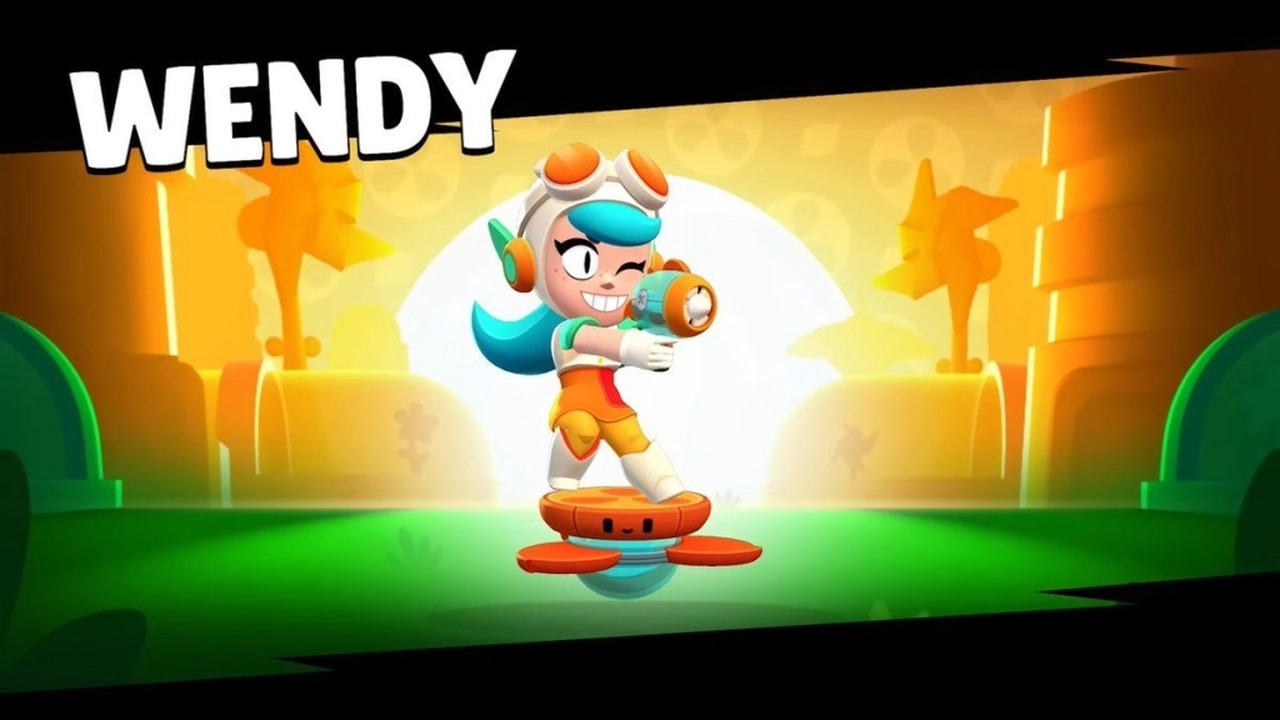 Wendy stands on a hovering device in Brawl Stars artwork